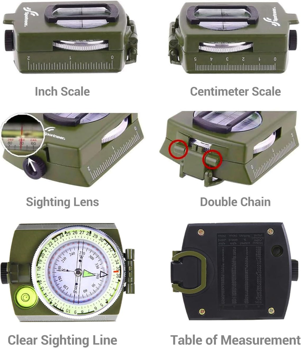 Sportneer Multifunctional Compass - Army Green & Black with Inclinometer for Camping & Backpacking
