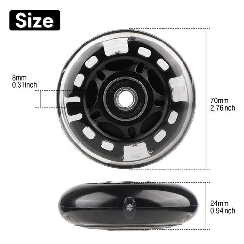 WHEELGOO 4-Pack PU Inline Skate Wheels Flashing Wheels Replacement w/Bushings for Kids Youth Children's Roller Skates (Black, 70mm)