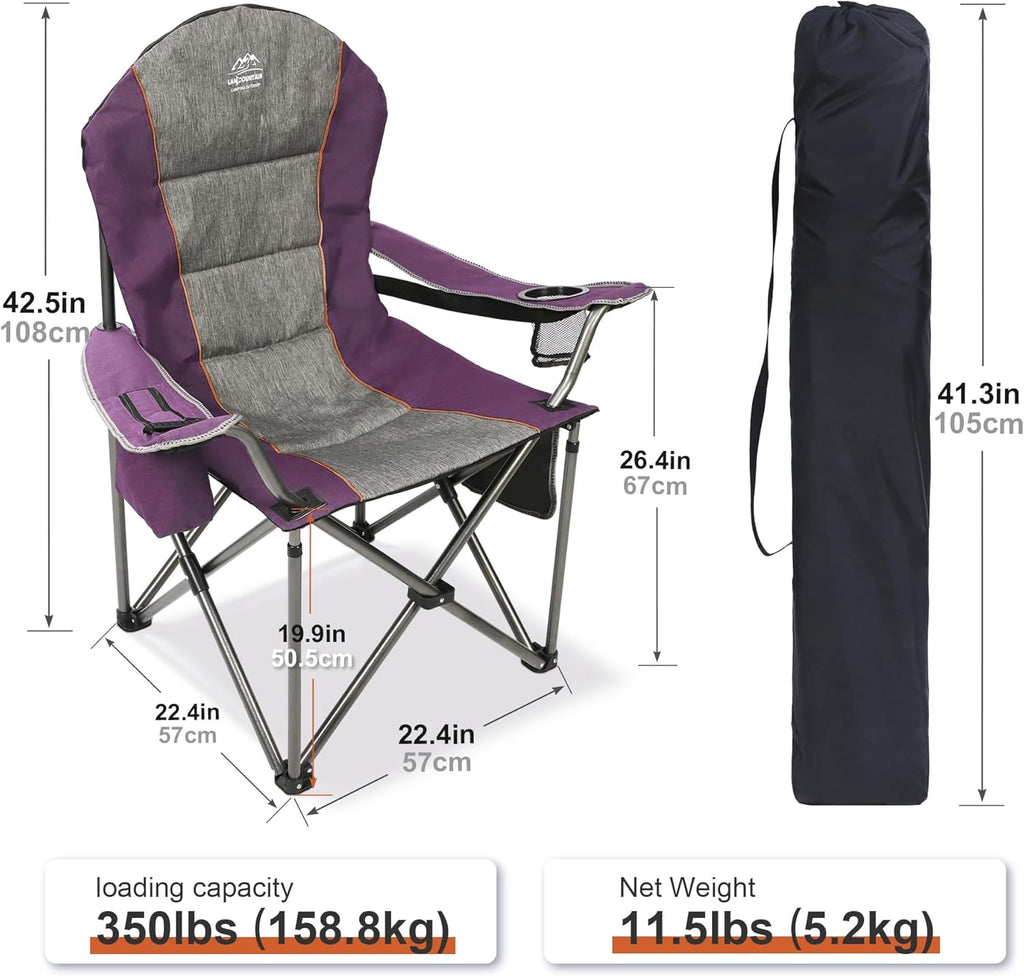 Skiennix High Back Folding Camping Chair - Heavy Duty with Cup Holder & Cooler Bag | Purple