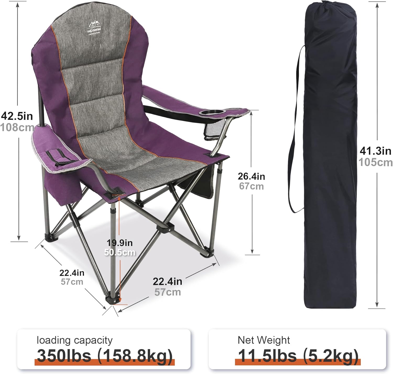 Skiennix High Back Folding Camping Chair - Heavy Duty with Cup Holder & Cooler Bag | Purple