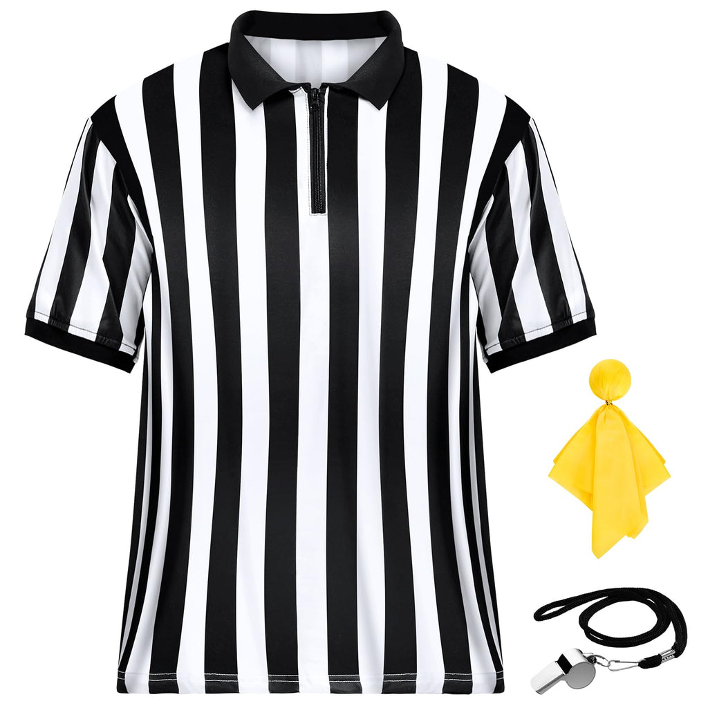 Men's Referee Costume Kit, Football Referee Shirt Umpire Jersey, Whistle, Penalty Flag for Soccer Sports & Cosplay Outfits