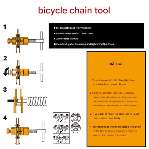 Chrisphil Bicycle Chain Breaker Tool Kit for MTB & Road Bikes – 1-12 Speed Universal – All-in-One Chain Repair Set (Breaker + Pliers + Wear Checker) (Single-Piece Chain Breaker)