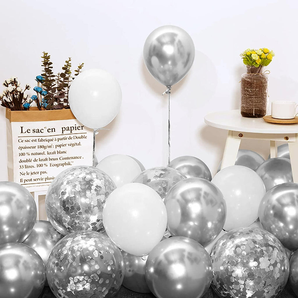 Bezente White Silver Balloon Garland Kit,100Pcs White Silver Metallic Chrome and Silver Confetti Balloons with Balloon Tape for Winter Wonderland Wedding Prom Special Events Party Winter Decor