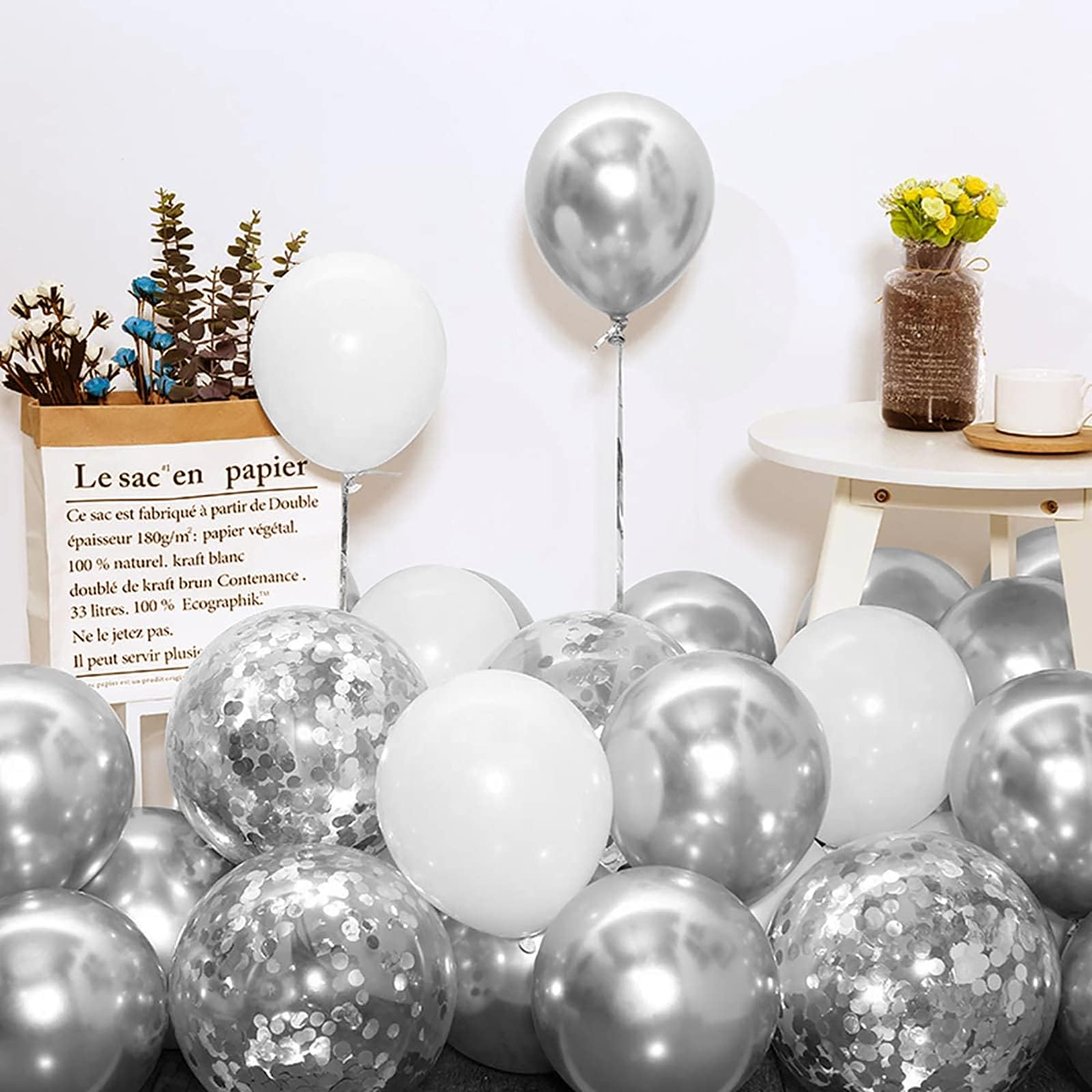 Bezente White Silver Balloon Garland Kit,100Pcs White Silver Metallic Chrome and Silver Confetti Balloons with Balloon Tape for Winter Wonderland Wedding Prom Special Events Party Winter Decor