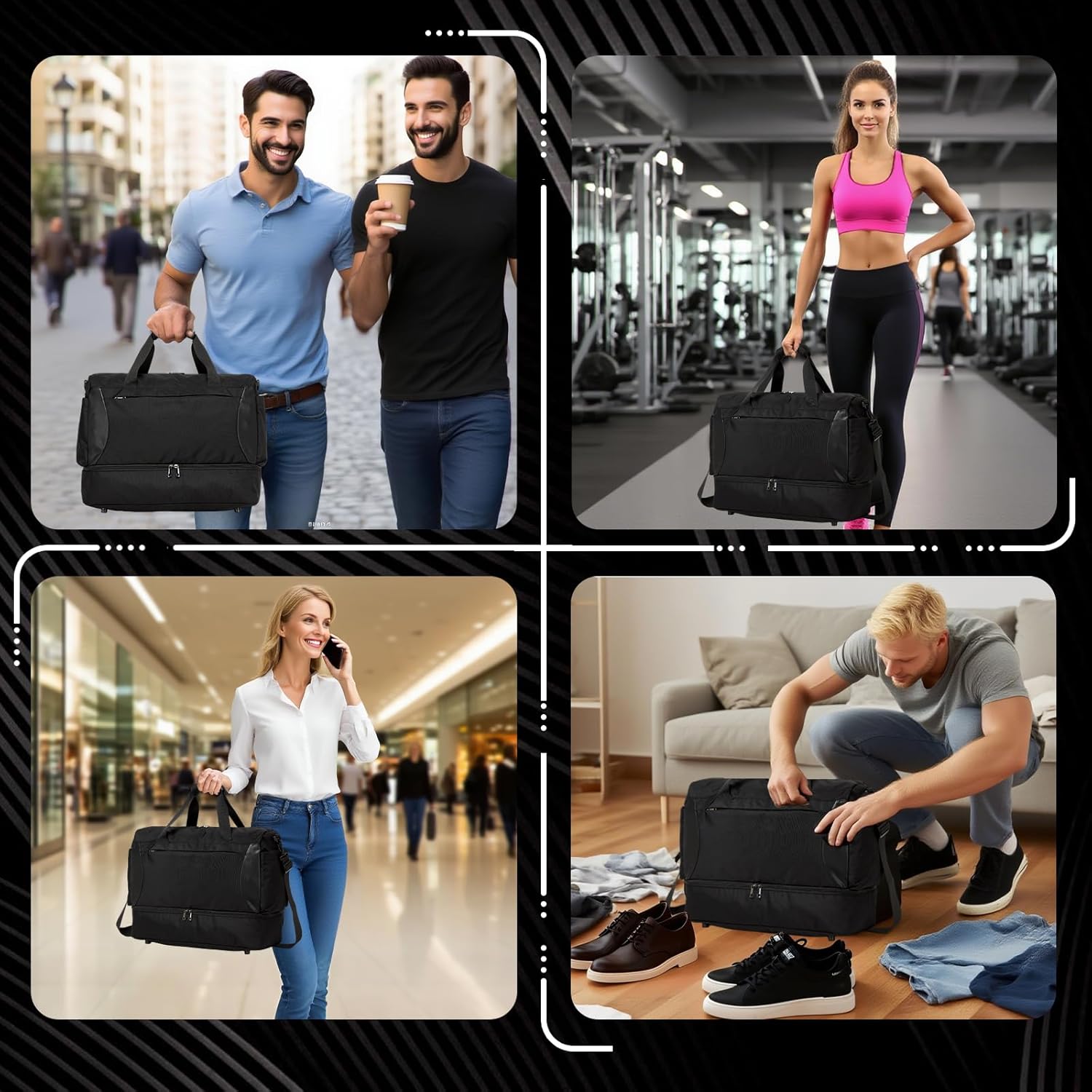 Seyfocnia Gym Duffel Bag - Lightweight Travel Bag with Shoe Compartment | Black Weekender for Men & Women