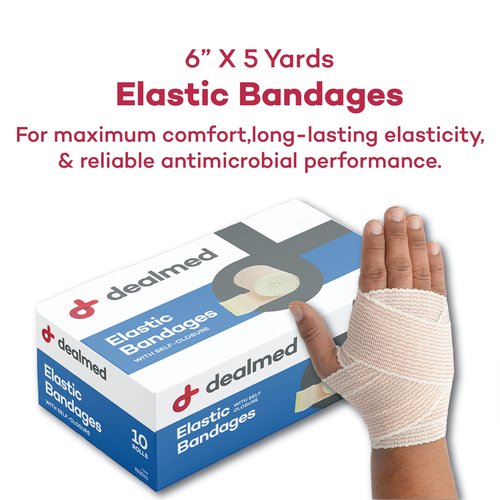 Dealmed 6" Elastic Bandage Wrap with Self-Closure – 10 Elastic Bandages, 5 Yards Stretched Compression Bandage Wrap, Wound Care Product for First Aid Kit and Medical Facilities