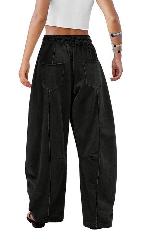 ReachMe Womens Barrel Sweatpants Baggy Wide Leg Sweat Pants Drawstring Travel Pants Summer Vacation Outfits(Black,M)