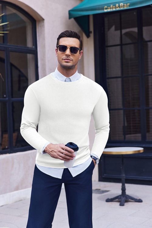 Ekouaer Men's Long Sleeve Shirts Honeycomb Waffle Pullover Sweater Crewneck Thermal Tops Lightweight Undershirts White L