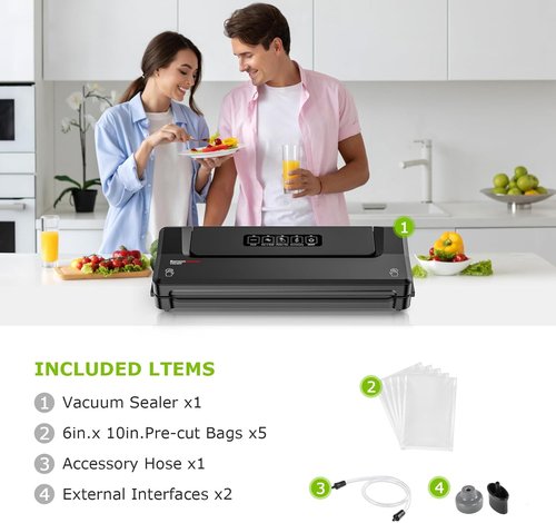 Bonsenkitchen Vacuum Sealer Machine - Compact Food Sealer for Meal Prep & Storage | 5 Bags Included, Black
