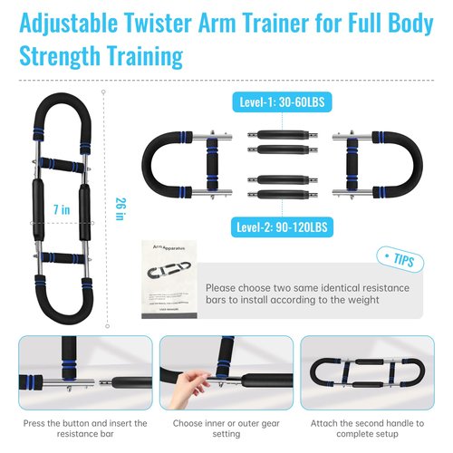 Twister Arm Trainer – Adjustable Resistance 30-120lbs Chest Workout Equipment with 4 Springs, Jump Rope & Wrist Guards for Upper Body Strength & Muscle Training at Home
