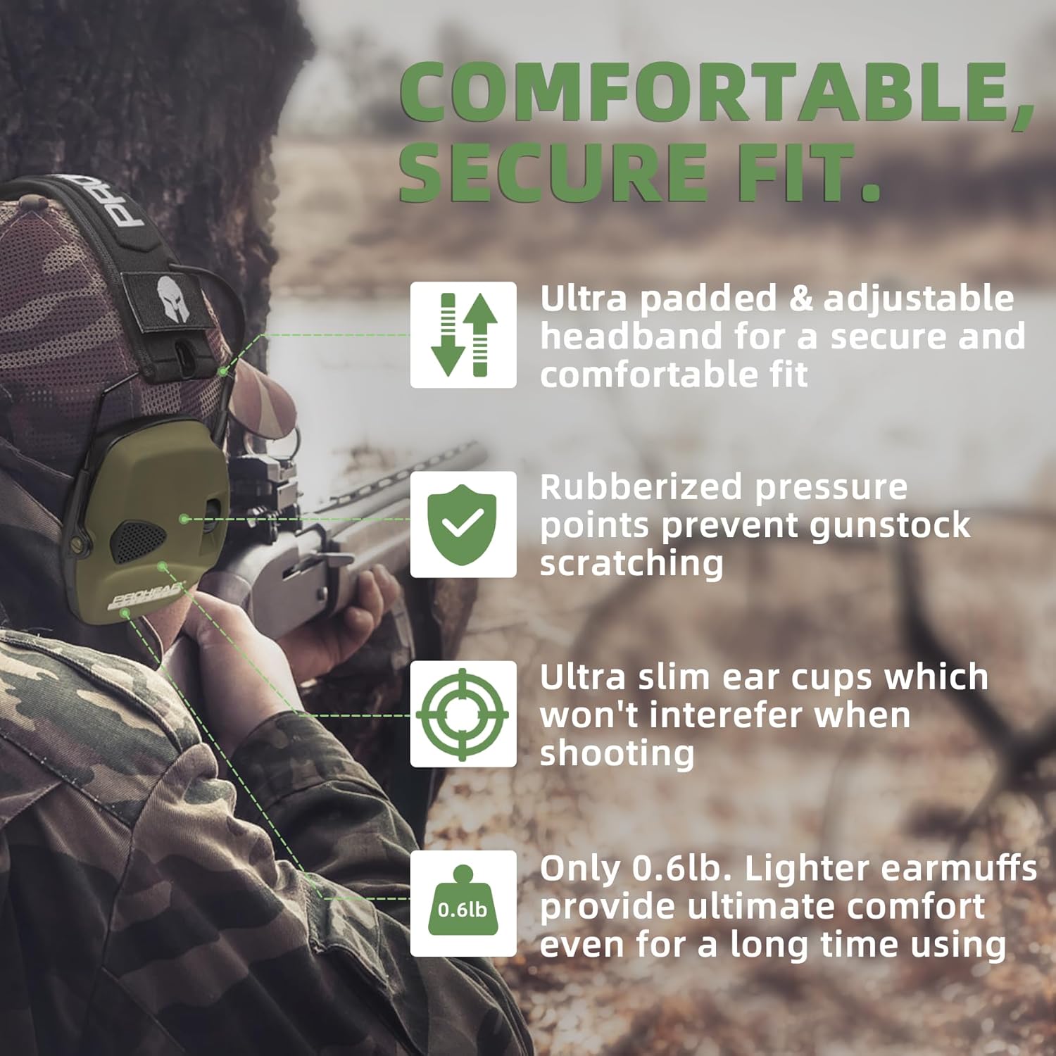 PROHEAR Electronic Ear Protection Muffs - 4X Sound Amplification & NRR 23dB Noise Reduction | Green