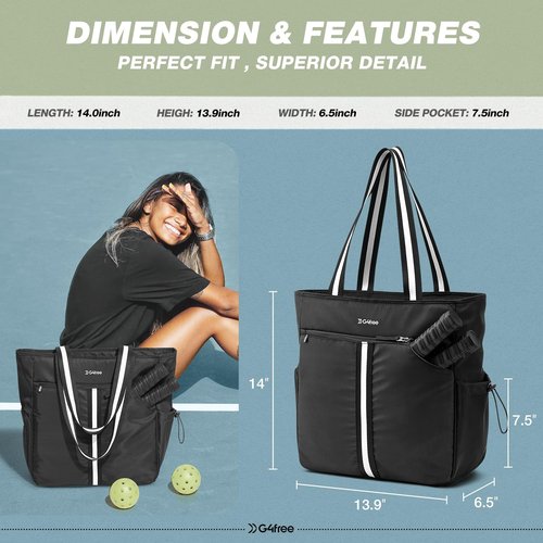 G4Free Pickleball Bag, Pickleball Tote Bag for Women Men, External Ball Bag with Shoe Compartment & Paddle Cover Pocket,Black