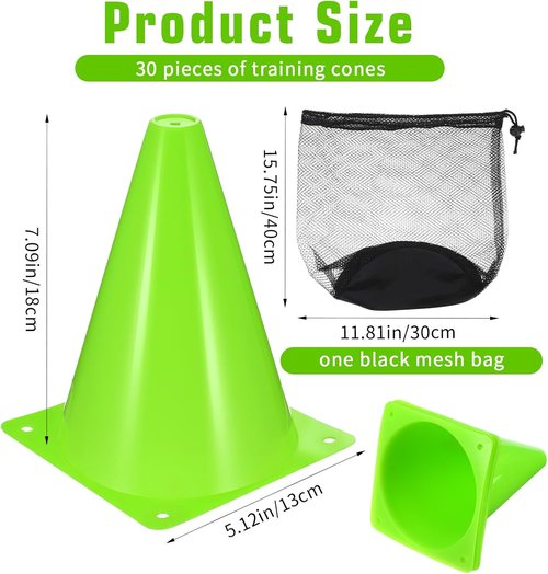 MAQUITA 30 Pack 7-Inch Plastic Traffic Cones - Agility Markers for Soccer, Skating, Football & More