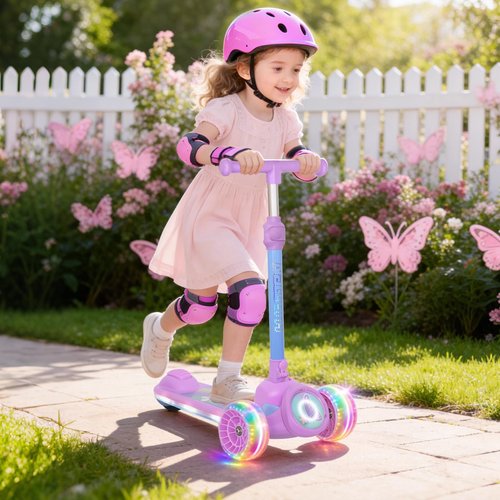Nattork Kids Scooter with Light Up Wheels, Deck and Headlight, Wide Anti-Slip Deck and T-bar Handle with Rear Foot Brake, Adjustable Height 3 Wheel Scooter for Kids Ages 3+ and up to 220Lbs- Purple