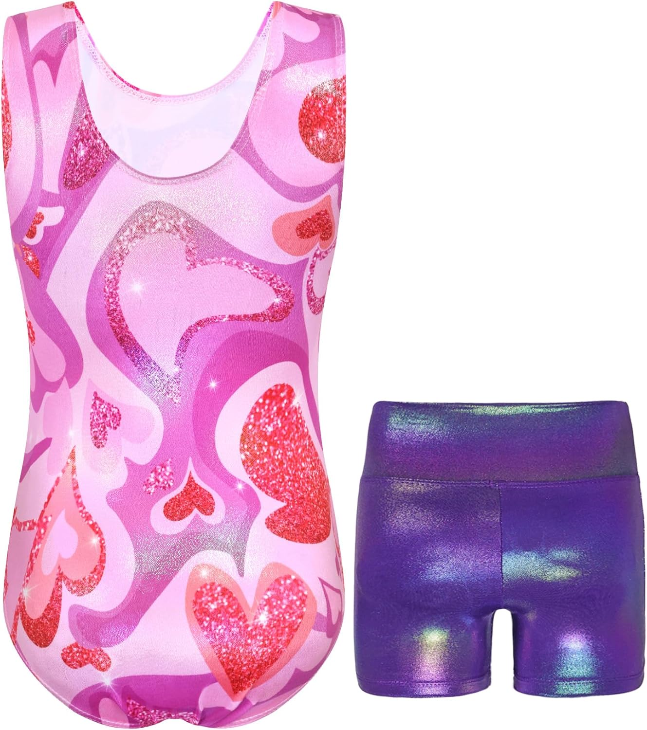 Skiennix Gymnastics Leotards for Girls - Sparkly Sleeveless Tumbling Bodysuits with Shorts