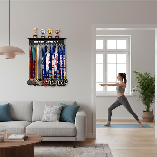 Moxweyeni Medal Hanger Display - Non-Slip Wall Mount Trophy Shelf with 22 Hooks & DIY Alphabet Stickers