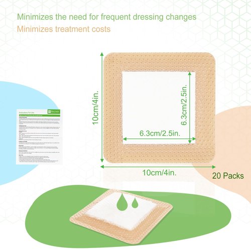 NeuHeils Silicone Super Absorbent Wound Dressing 4''x4'' 20 Packs, Self-Adhesive Waterproof Bandage with Ultrasorb Pad for Heavy Exudates Wound, Soft Gauze Island Dressing