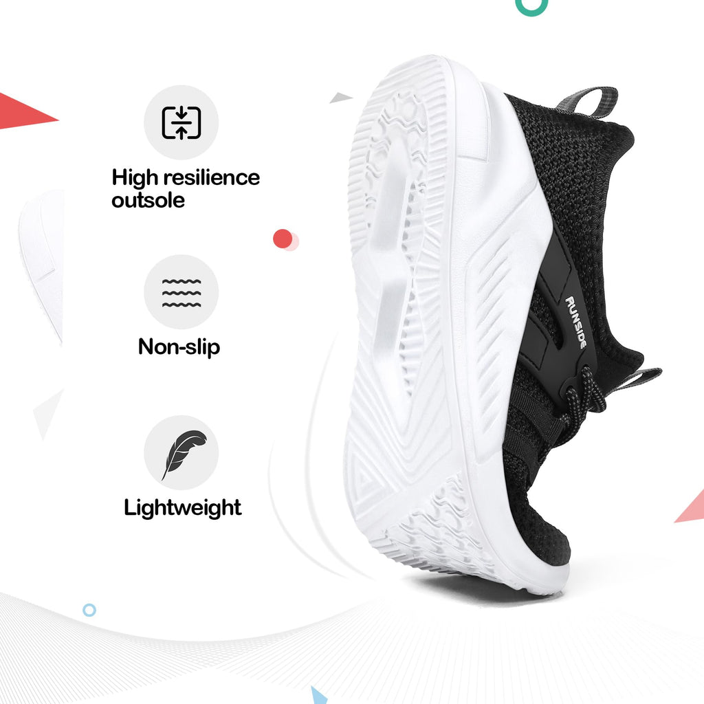RUNSIDE Boys Girls Tennis Shoes Kids Lightweight Breathable Sneakers Lace-up Running Athletic Shoes for Toddler/Little Kid/Big Kid Black White