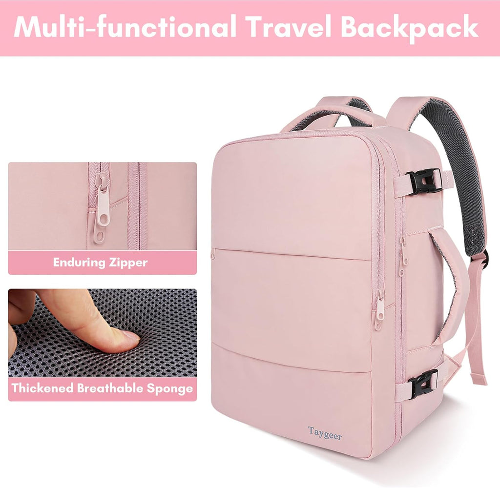 Taygeer Travel Backpack - Women’s Carry-On with Water Bottle Pocket & Shoe Pouch - 15.6" Laptop, Pink