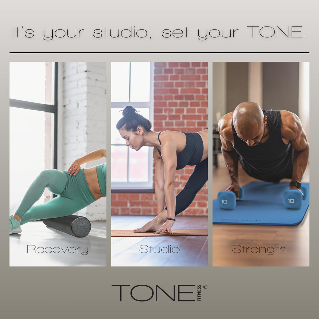 TONE Fitness Yoga Mat 1/4" Thick Non Slip Exercise & Pilates Mat for Home Workouts with Carrying Strap | V Pattern | Black/Blue