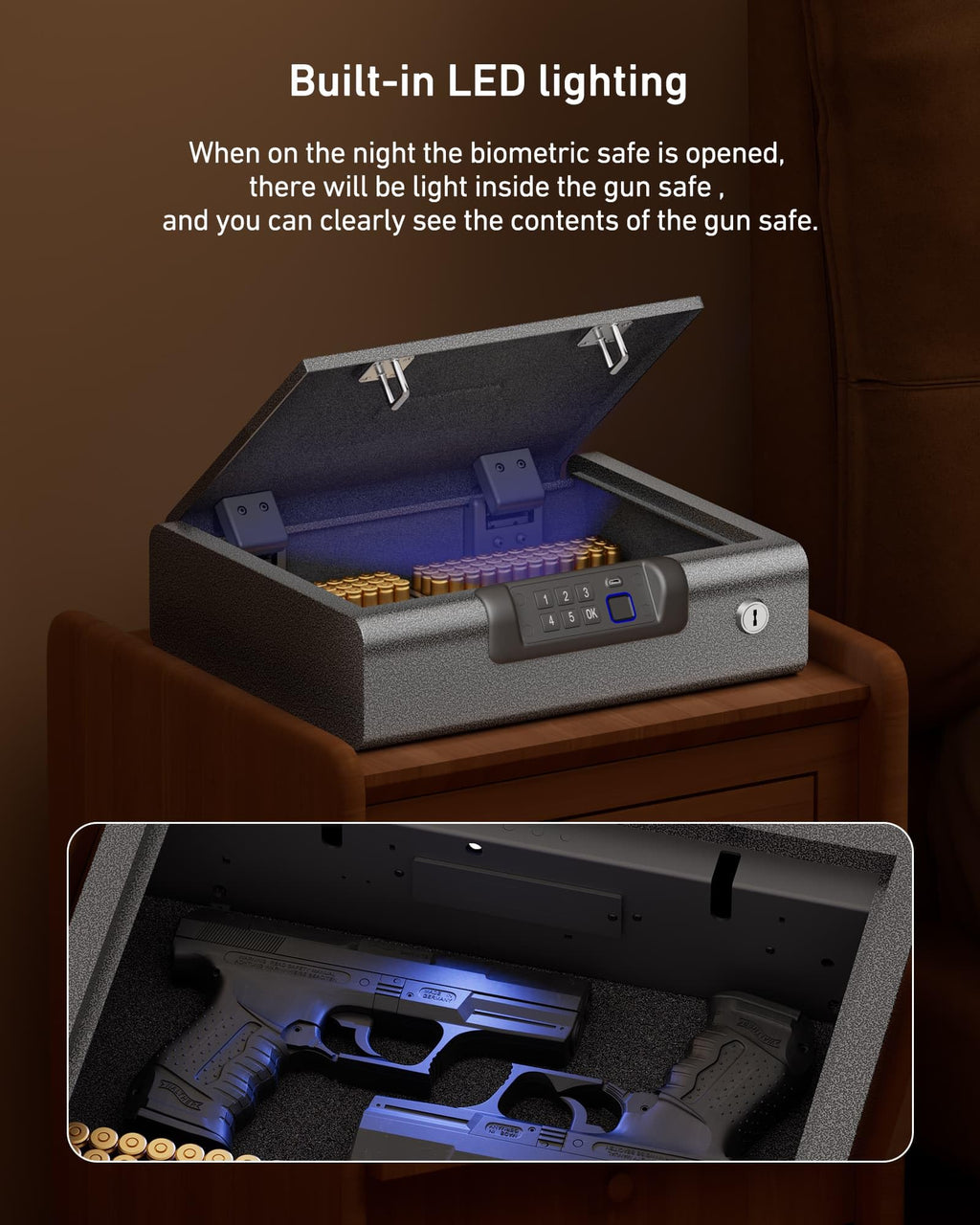 BILLCONCH Gun Safe,Biometric Gun Safe for Pistols, 3 Ways Fingerprint Digital PIN Key Unlock, Smart safe box with Sound,for Cloakroom living room Bedroom Nightstand