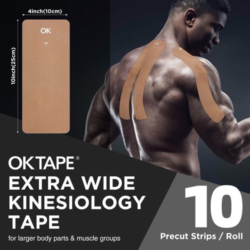 OK TAPE Extra Wide Kinesiology Tape, Precut Strips, Elastic Physical Therapy Athletic Tape for Pain Relief & Joint Support, Latex Free | Back, Shoulder, Knee (4" x 10" - 10Pcs) Beige