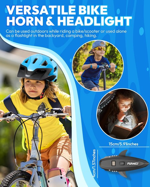 FUNWICT Bike Horn for Kids with Light 2-in-1, Electric Bicycle Horn & IPX5 Waterproof 400 Lumen Rechargeable Bike Headlight, Loud Bike Horn for Boys Girls Fits Most Bicycles Scooter (Black)