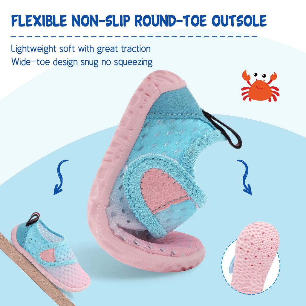 LeIsfIt Kids Water Shoes Toddler Girls Boys Swim Shoes Outdoor Quick-Dry Breathable Aqua Socks for Beach Pool Surf, Blue Pink, 13 Little Kid
