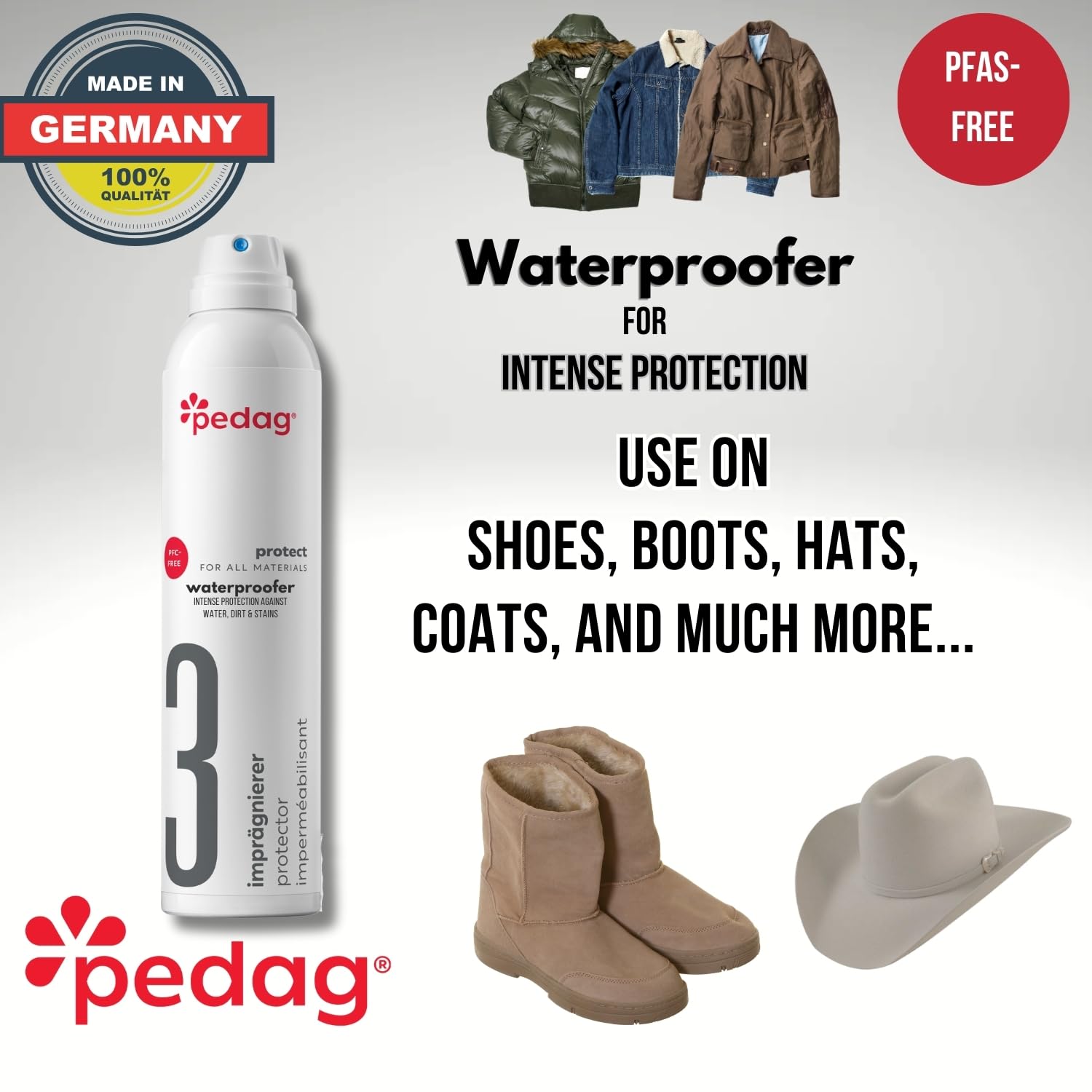 Pedag PFAS-Free Waterproofer | German Made | Heavy Duty Waterproof and Stain Repellent | Canvas & Fabric Spray Protector | Waterproofing Spray and Guard for Boots, Shoes, Tents, Hats, Jackets | 1 Can