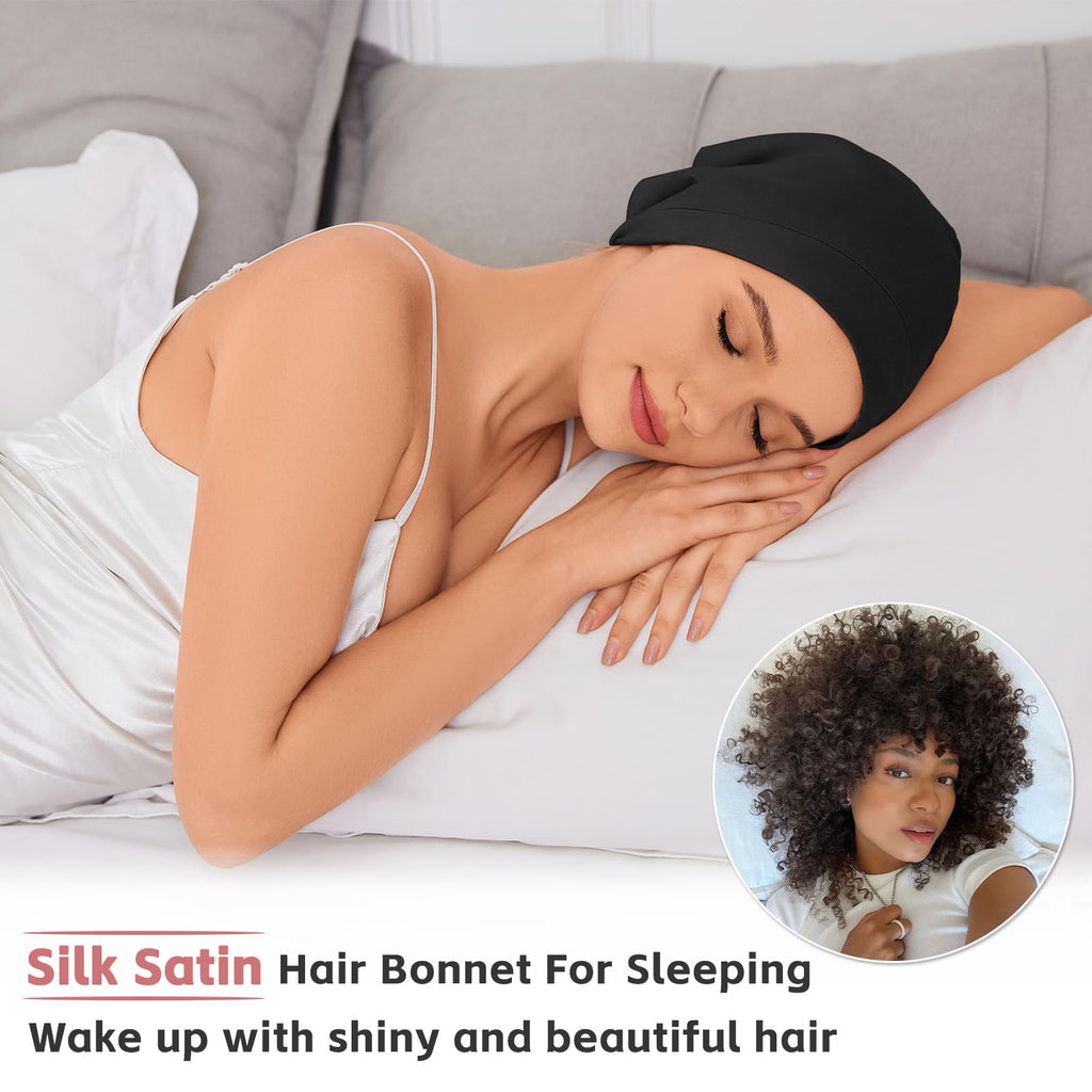 Silk Bonnet for Sleeping Women, Adjustable Silky Satin Lined Sleep Cap, Silk Hair Wrap for Sleep Night Cap for Natural Curly Hair 2PCS(Black&Navy Blue)