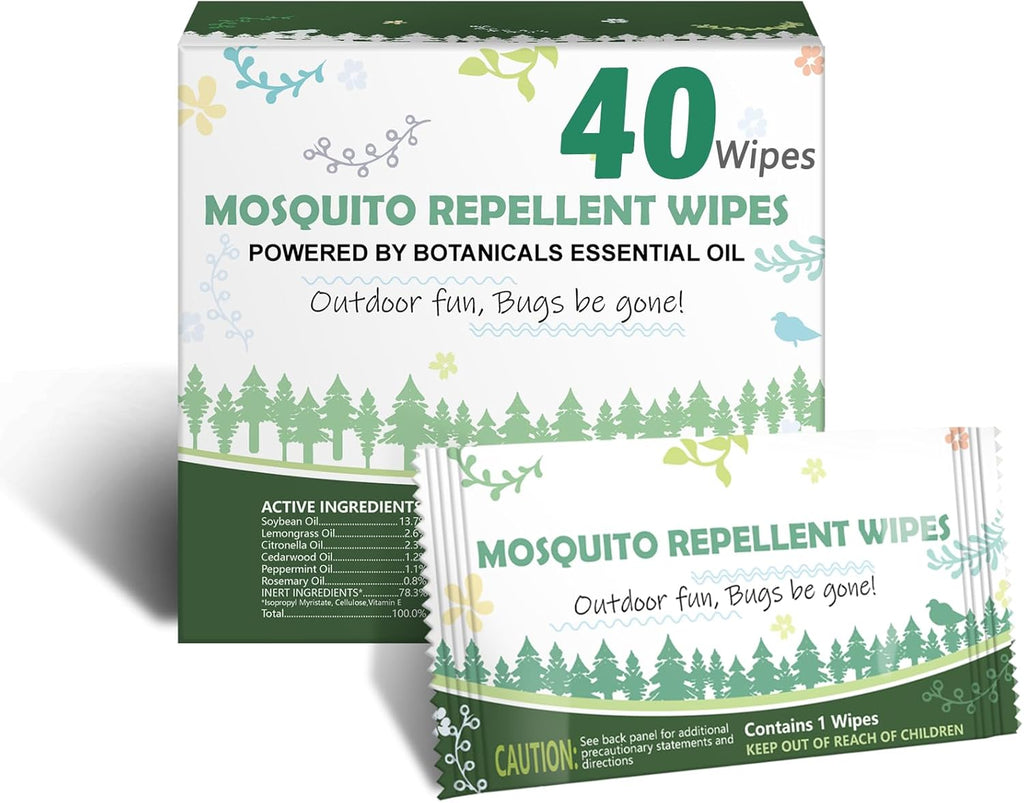 Skiennix Natural Mosquito Repellent Wipes - DEET-Free, Easy to Use, Long-Lasting | 40 Travel-Sized Packs