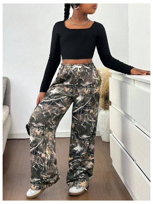 SOLY HUX Girl's Camo Wide Leg Pants Drawstring Waist Baggy Sweatpants with Pocket Army Green 12Y