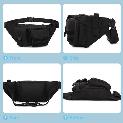 Tactical Fanny Pack，Military Waist Bag Hip Belt Bumbag Utility Bags for Fishing Hiking Hunting with Mesh Water Bottle Holder Pouch (Black)