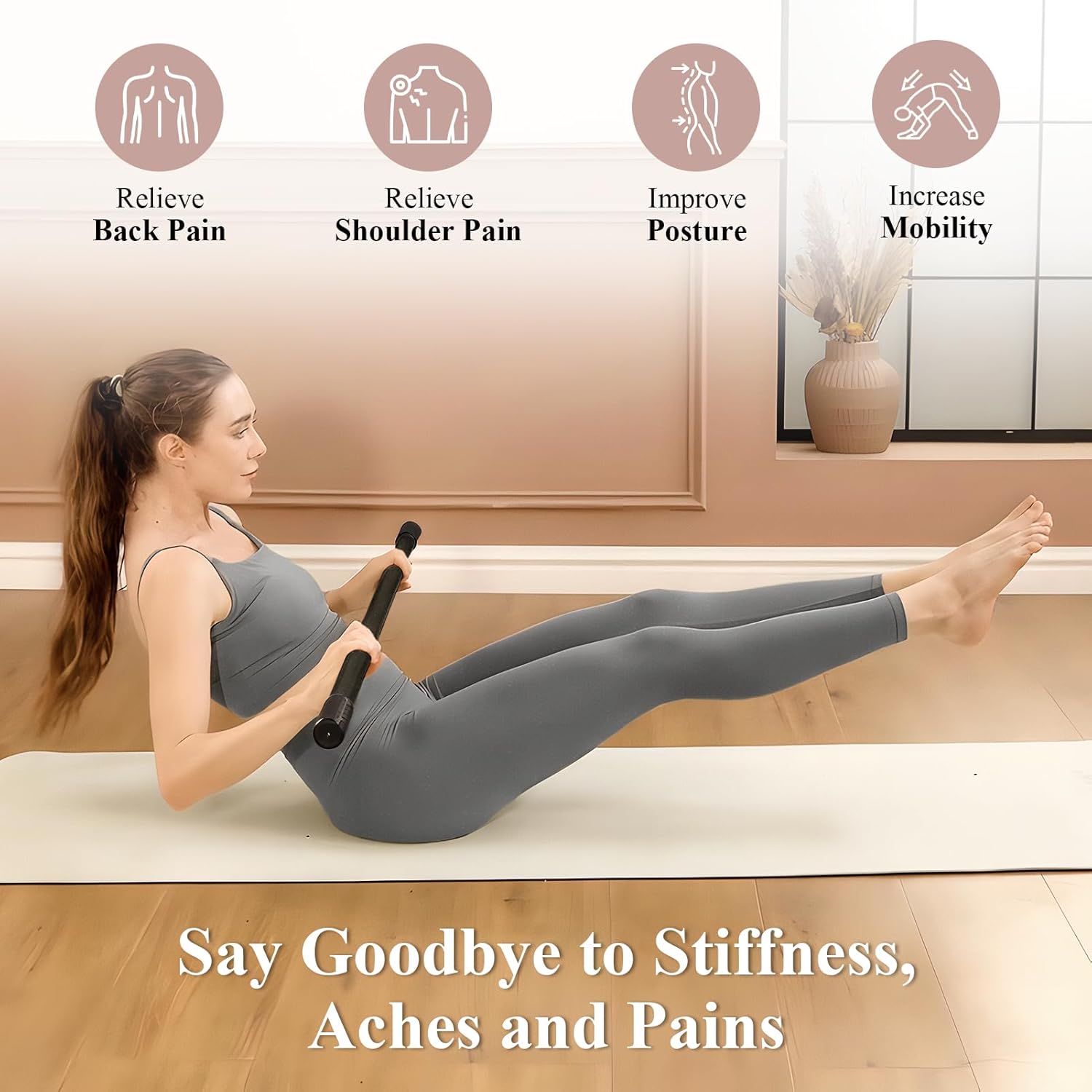 PAETA Yoga Stick - 5ft Bamboo Stretch Bar for Enhanced Mobility & Flexibility | Non-Slip Grip Included