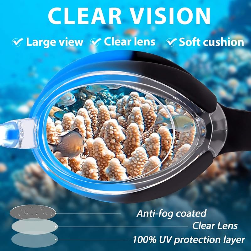 Kids Swim Goggles Anti-Fog UV - 3 Interchangeable Nose Pieces, Keary, Mirrored Green & Clear Blue
