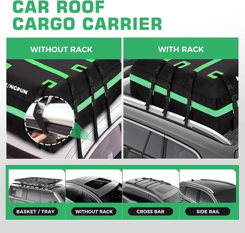 Kingfun Rooftop Cargo Carrier - Waterproof 21 Cubic Feet Roof Bag for All Vehicles | Includes Anti-Slip Mat & Straps