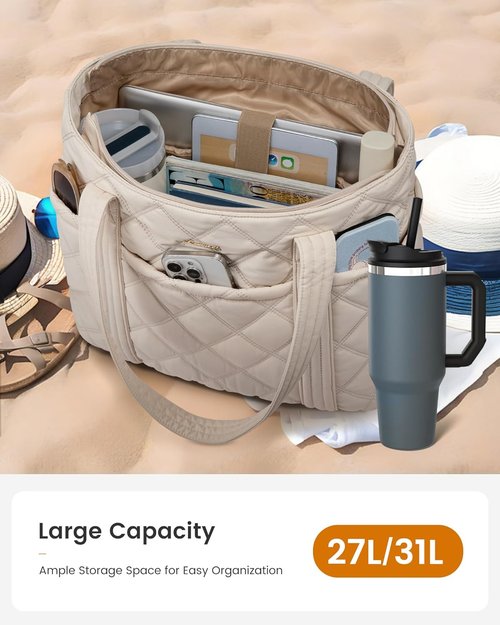 LOVEVOOK Puffer Tote Bag - Stylish Work Handbag with Cup Holder | Travel Carry-On for Teachers & Nurses