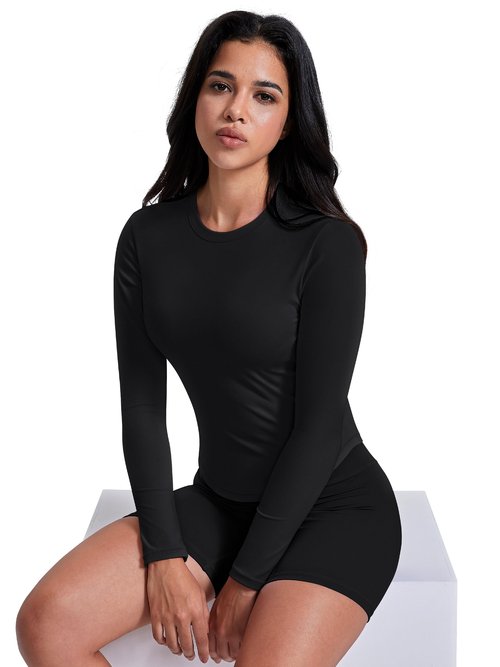 AVGO Long Sleeve Shirts for Women Workout Tops Gym Top Breathable Yoga T Shirt Running Sportwear Slim Fit Activewear (Black, Medium)