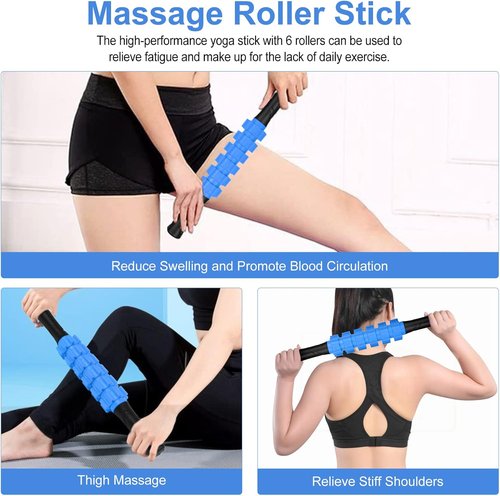 Aucuu Foam Roller Set - 5 in 1 Massage Tools with Yoga Stick, Ball, Strap & Carrying Bag | Blue