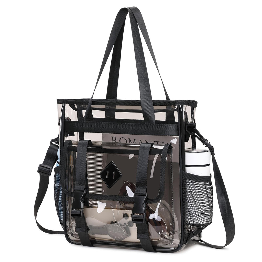 MUSEVOS Clear Tote Bag Clear Bag for Stadium Events, Thickened Water Resistant Heavy Duty PVC, 12x6x12 Stadium Approved for Work, Sports Games,Concert, Semi-Black