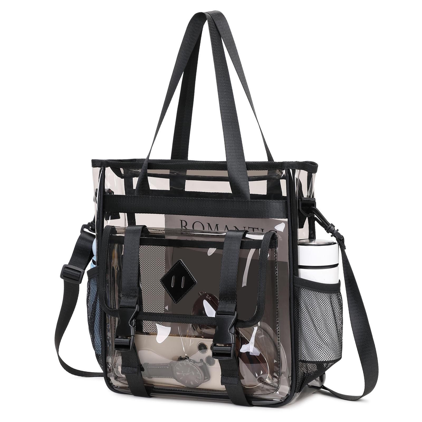MUSEVOS Clear Tote Bag Clear Bag for Stadium Events, Thickened Water Resistant Heavy Duty PVC, 12x6x12 Stadium Approved for Work, Sports Games,Concert, Semi-Black