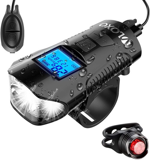 VLOXO Bike Speedometer with Bike Light Set, IP65 Waterproof Bicycle Odometer with Horn LED Front & Tail Light USB Rechargeable Bicycle Computer Black