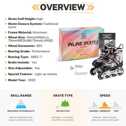 Gonex Inline Skates for Girls Boys Kids, Adjustable Skates Outdoor Blades Inline Roller Skates for Children Teens Women with Light Up Wheels for Indoor Outdoor Backyard Skating, Pink M