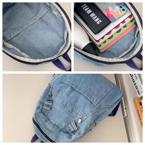 KAOBIO Denim Backpack for Women Men Casual Y2k Grunge Aesthetic Canvas Daypack Lightweight Rucksack Durable Jeans Bag (Light Blue)