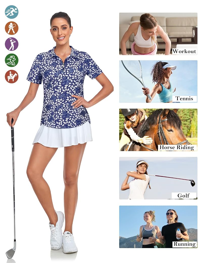 Tanst Sky Women's Golf Polo Shirt - Short Sleeve V-Neck with Adjustable Zip, Leaf Pattern (A-Blue White) - Athletic Workout Top