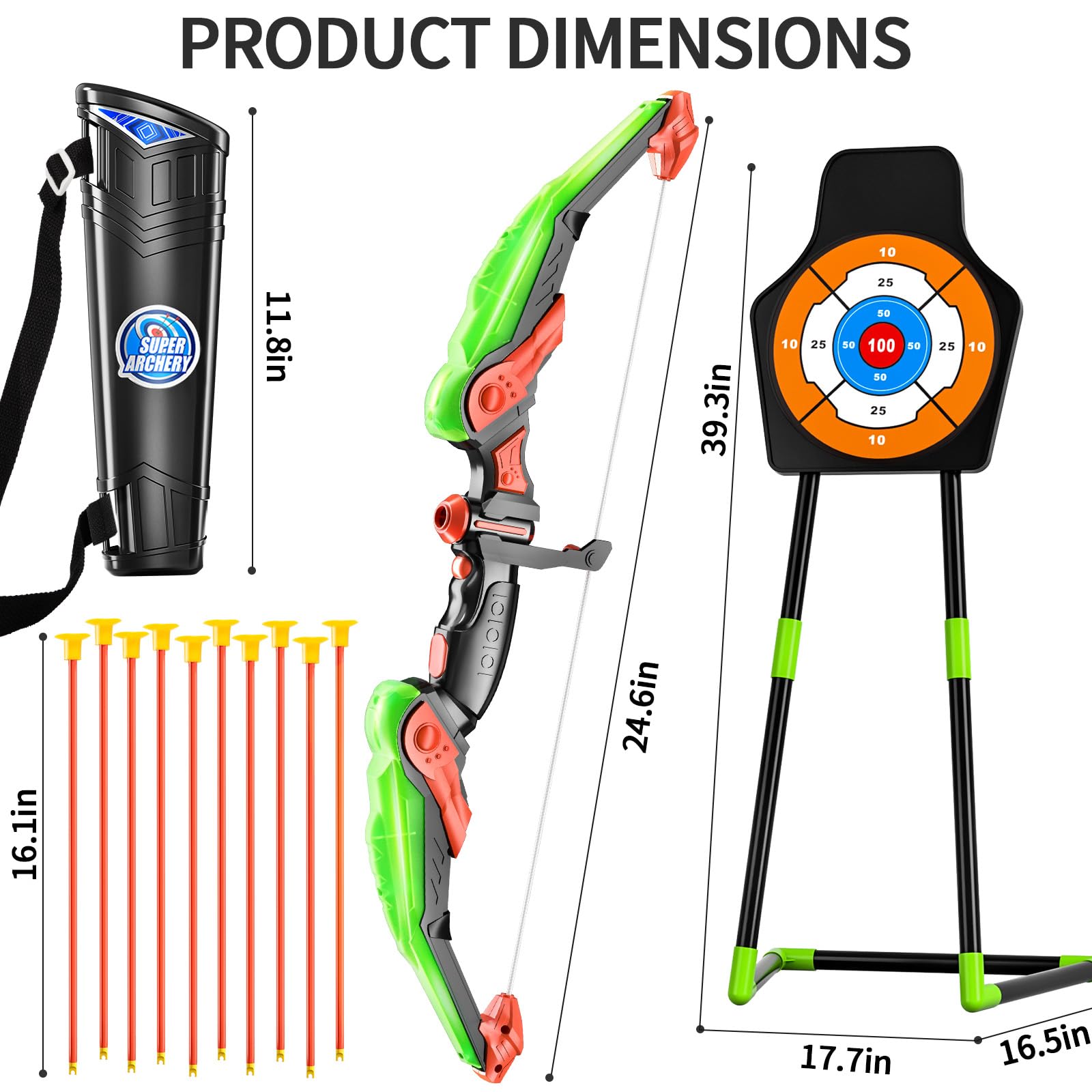 TEMI Bow and Arrow Set for Kids 4-8,Kids Archery Set with LED Lights Includes 10 Suction Cup Arrows, Quivers & Standing Target, Outdoor Toys for Boys & Girls Ages 3-12 Years Old