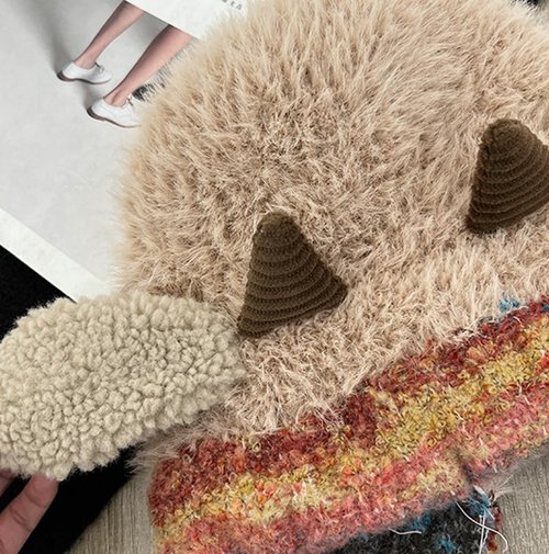 Winter Warm Plush Faux Fur Knitted Animal Hat Cozy Cute Horns Sheep Ears Beanie Cap Ear Flap Thick Lining Crochet Hats 2026 Khaki
