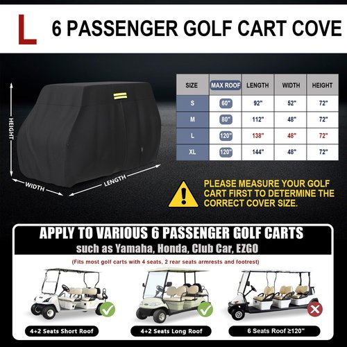 moveland 6 Passenger Golf Cart Cover Heavy Duty 600D Polyester All Weather Fits for Most 4+2 Yamaha EZGO Club Car Honda(Black, 138 x 48 x72 inch)