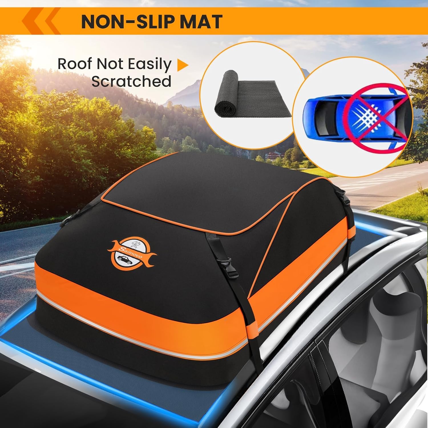 Sailnovo Car Rooftop Cargo Carrier Roof Bag, 15 Cubic Feet Waterproof Rooftop Cargo Carrier Bag, Fit Car with Without Luggage Rack - Cartop Carrier Bag with Tie-Down Strap, Safety Hook