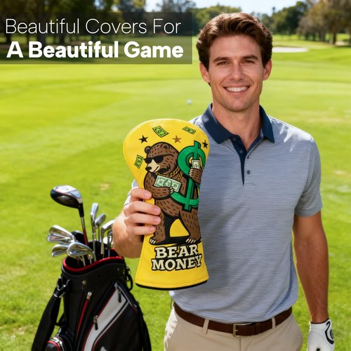 Golf Club Cover Exquisite Embroidery Dollar Bears Driver Covers Fariway Wood Headcover Hybrid Cover Leather Golf Headcovers for Men Women Gift(for Hybrid)